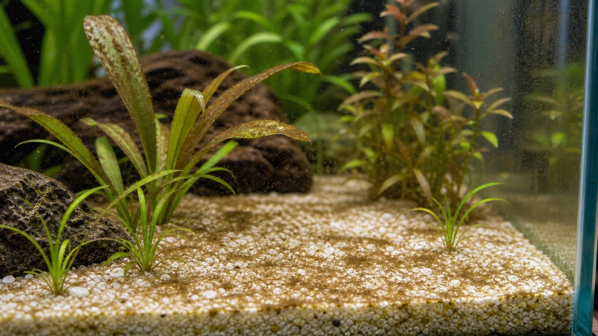 Dépôt brun de diatomées dans un aquarium neuf