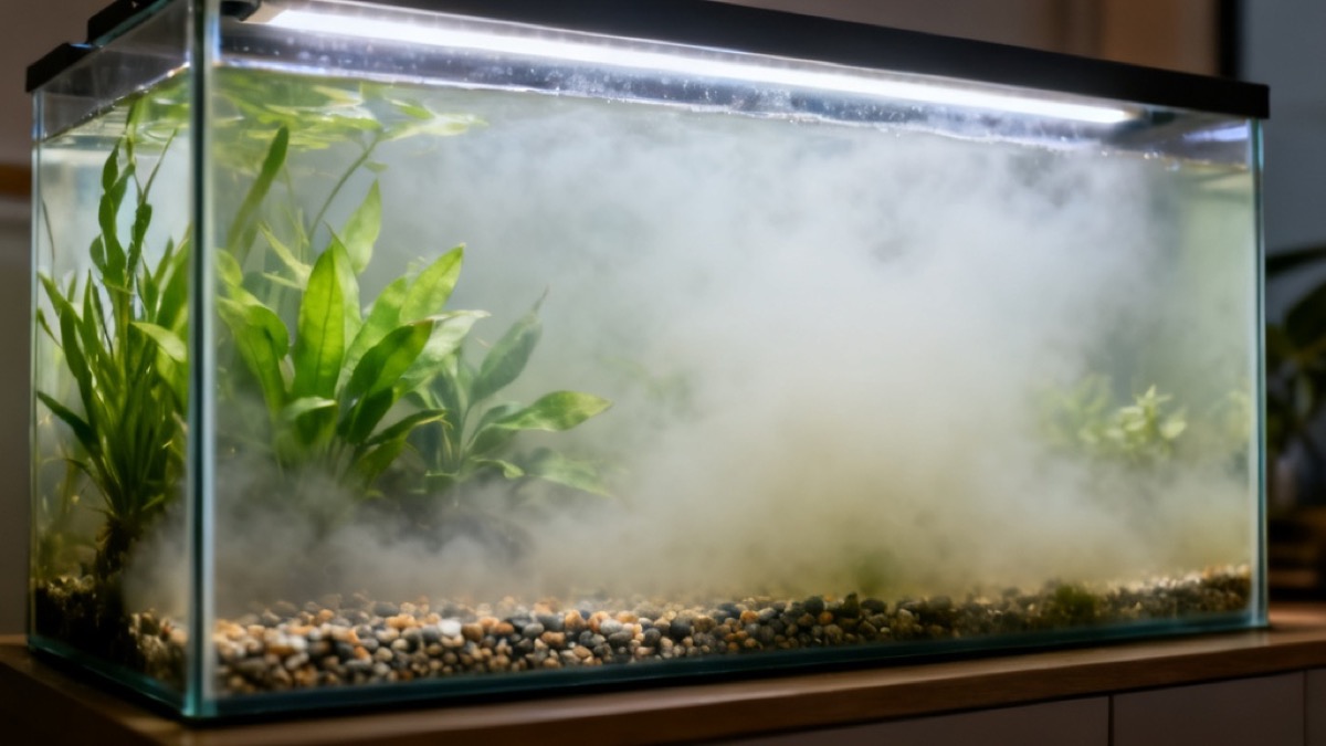 Freshwater aquarium with cloudy, milky water