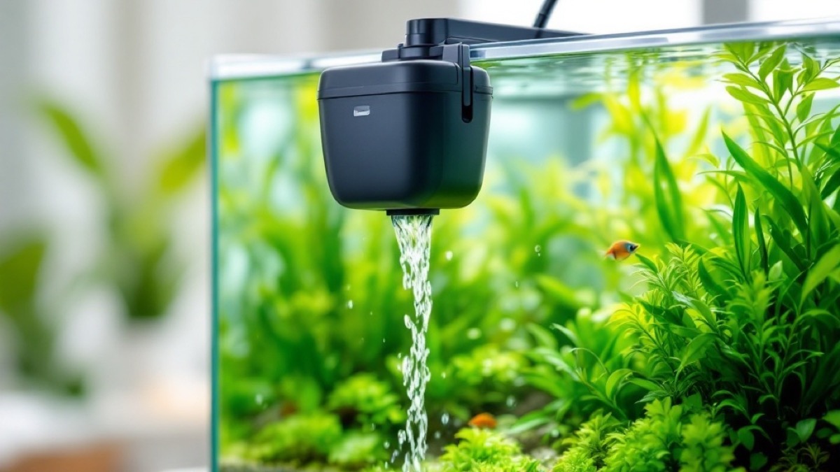 Filtre à cascade sur le rebord d'un aquarium planté de 60 L